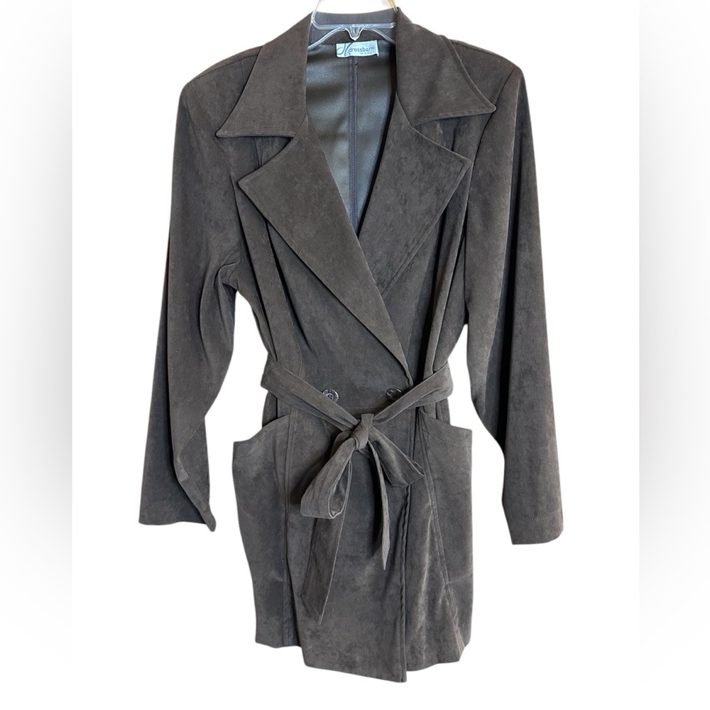 Dress Barn Chocolate Brown Faux Suede Tie Waist & Button Coat with Pockets